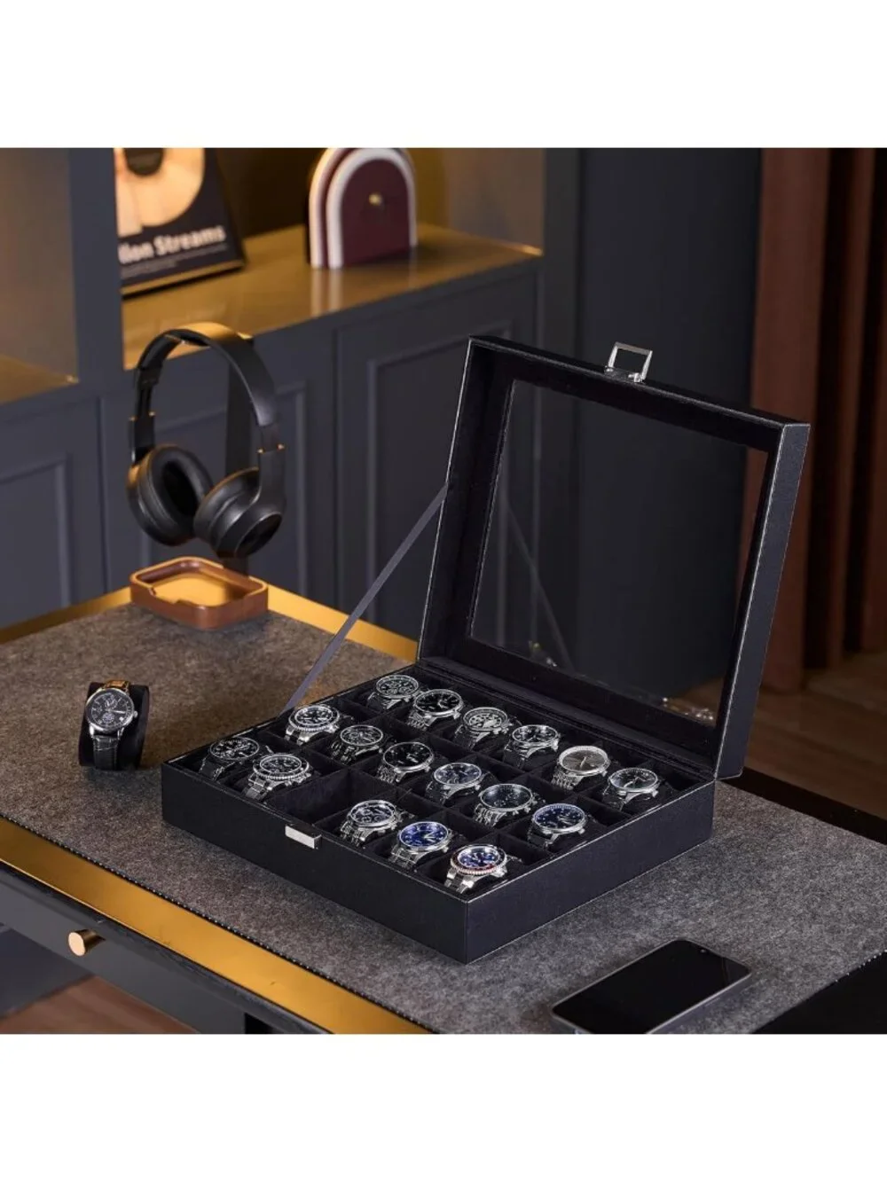 18-Slot Watch Box Organizer with Glass Lid | Stylish Storage for Men & Women